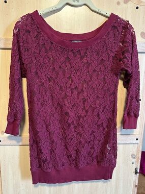 Express Burgundy Floral Lace Pullover Top